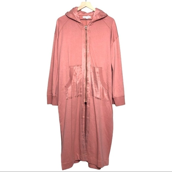NWT YFB Satin Trim Long Sleeve Zip Up Hoodie Duster Jacket Beach Coverup Dress M - Picture 1 of 4